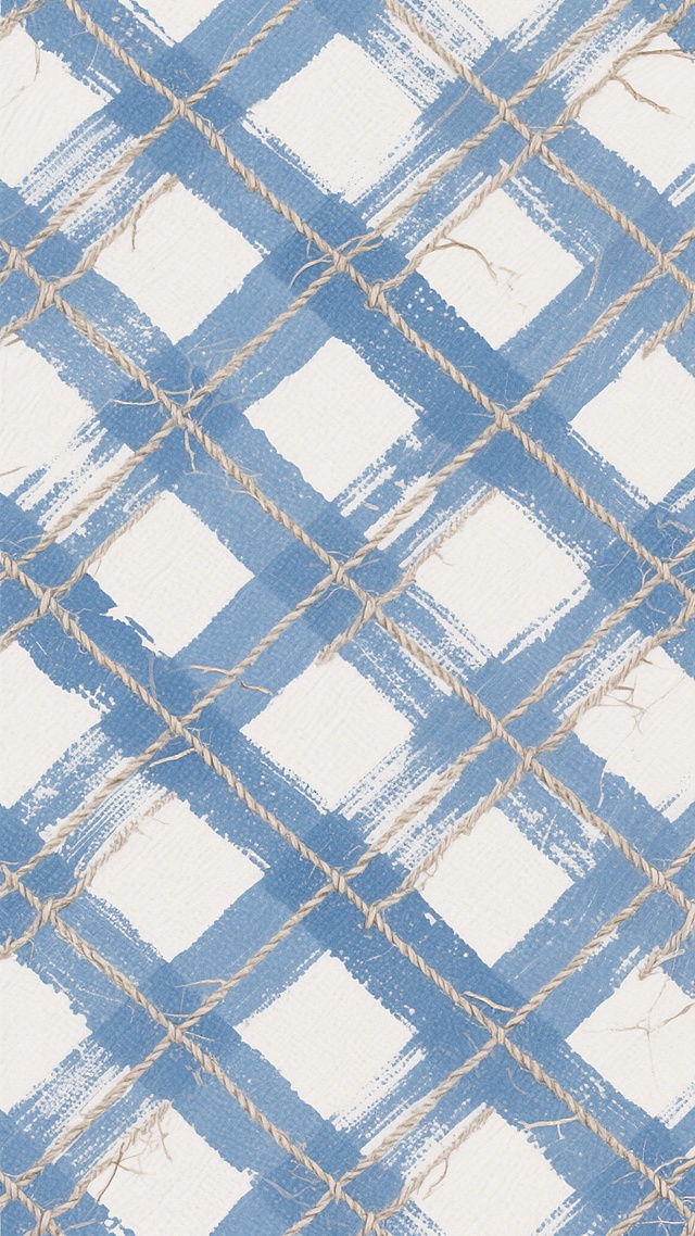 细密的菱形网格平铺背景，靛蓝色与象牙白交织的不规则笔触格纹，线条时而粗粝如手工编织的麻绳肌理，时而纤细似蛛丝般轻盈，色彩过渡处故意保留的手工晕染痕迹增添温度感，整体呈现出北欧乡村亚麻布的质朴质感与现代几何的秩序美感，适合作为高端布艺或壁纸的无缝循环图案元素。