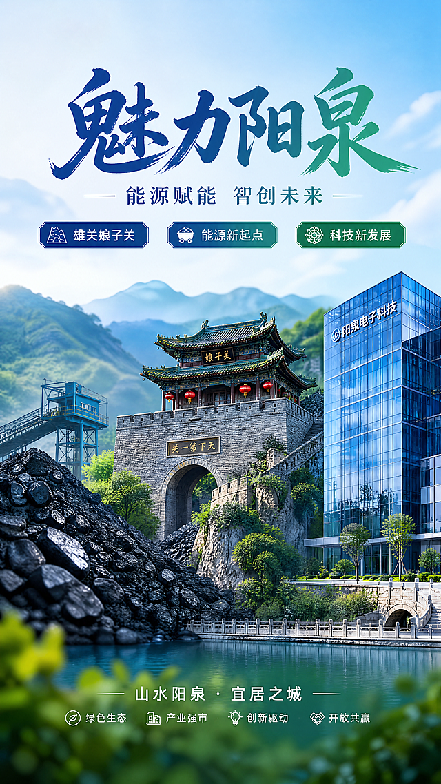 写实商业摄影风格海报，主题为阳泉城市宣传。画面主视觉包含阳泉娘子关古建筑风光，左侧展示煤炭资源元素，右侧展示现代化电子科技公司建筑。主标题"魅力阳泉"，副标题"能源赋能 智创未来"。卖点标签文字："雄关娘子关"，"能源新起点"，"科技新发展"。整体采用工业蓝与自然绿渐变配色，版式精美，构图层次分明，背景浅景深，前景留白适度，文字清晰不遮挡主体，4K超高清画质。
