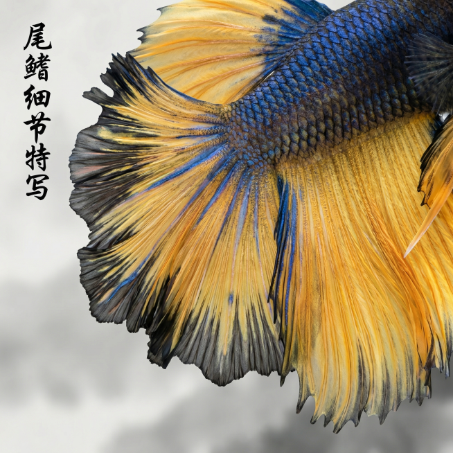 [主图 3] 泰国斗鱼半月芥子细节特写展示
[氛围风格] 国风微距特写质感，真实细腻
[画面元素] 商业摄影质感、光线柔和通透、产品清晰真实、画面干净高级。放大聚焦斗鱼半月芥子的尾鳍纹理，展示渐变蓝黄预览效果