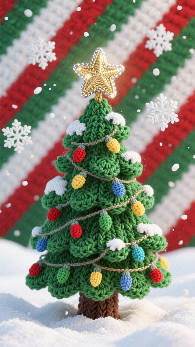 毛发生长风编织圣诞树，刺绣质感与微缩艺术结合，轻拟物风格呈现温馨可爱，点缀彩灯与雪花，洋溢喜庆节日氛围。