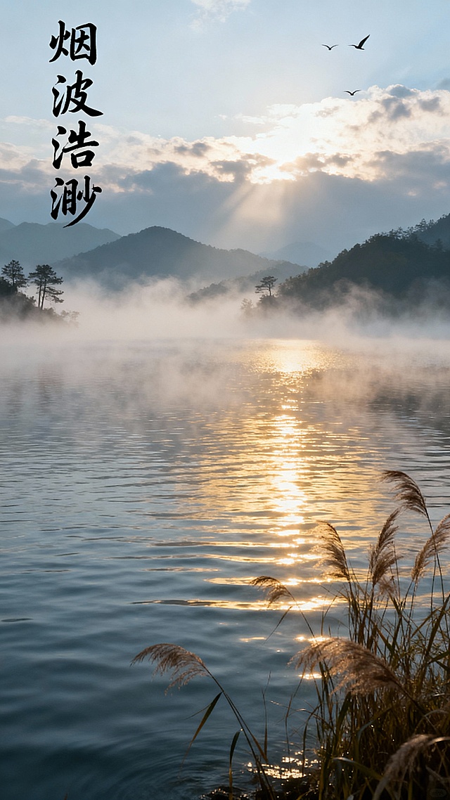 古风优美干净的描写"烟波浩渺"的山水画，实景，电影感，左上角加上“烟波浩渺”行书毛笔字