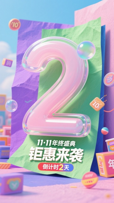 “11·11年终盛典 倒计时2天”中的“2”要大突出，成为画面主体，透明气泡质感。下方”钜惠来袭“字样。淡粉绿紫蓝拼色肌理感纸面背景，活动氛围，促销元素包围预览效果