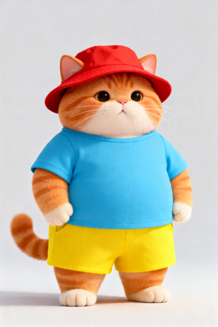 原创胖橘猫IP形象主设计，一只胖乎乎的橘色猫咪，戴着红色渔夫帽，穿着天蓝色短袖和亮黄色短裤，设计风格简约可爱，符合2026年流行趋势，卡通治愈风格，全身立绘，干净背景预览效果