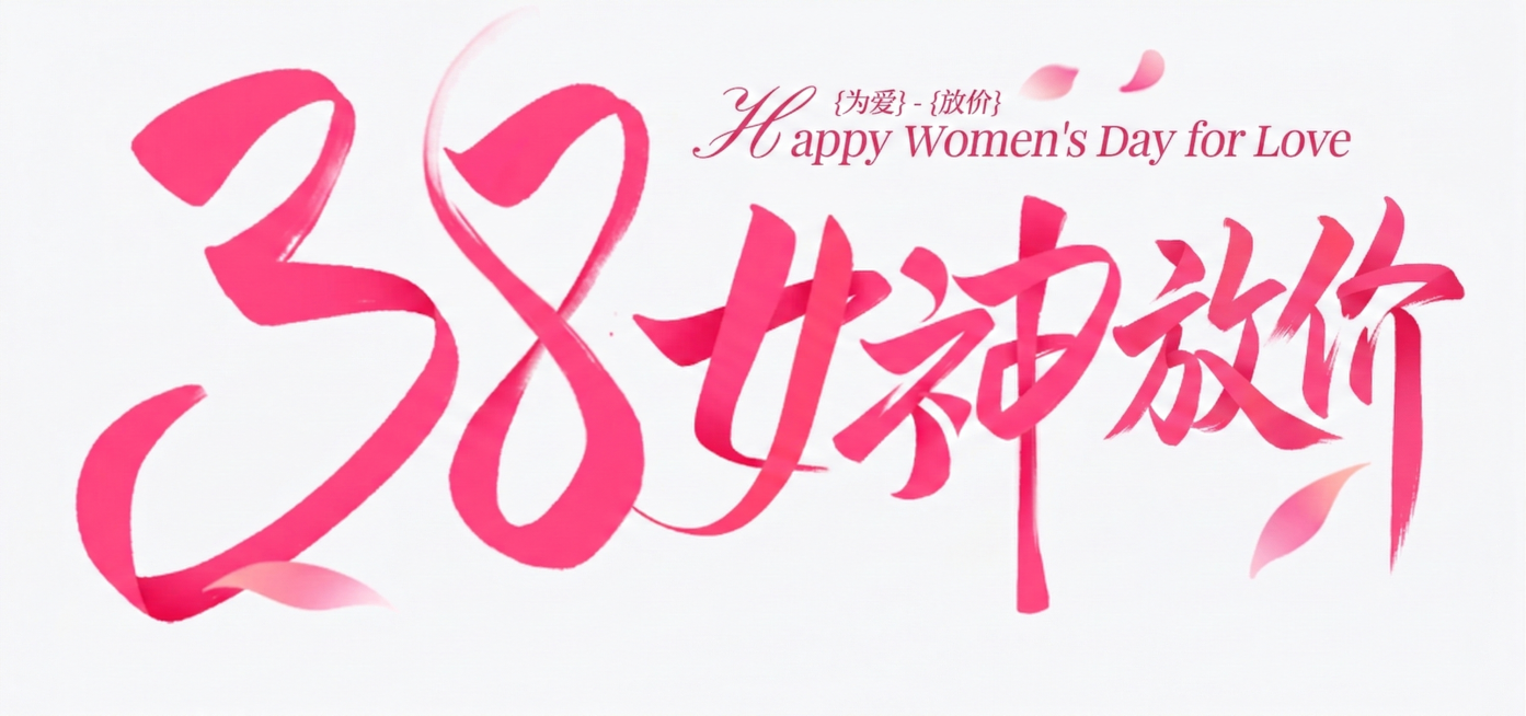 将“3.8女神节”修改为“3.8女神为爱放价”，保持原有书法字体风格和粉色丝带质感预览效果