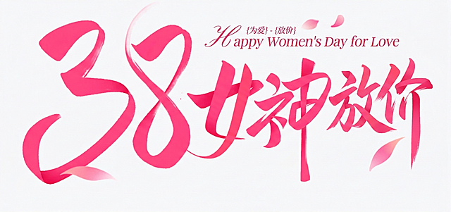 将“3.8女神节”修改为“3.8女神为爱放价”，保持原有书法字体风格和粉色丝带质感