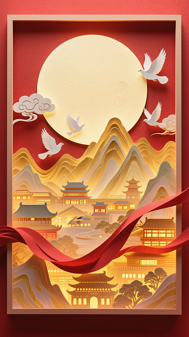 一轮巨大的圆月为占据画面中心的特写，底部以工笔风格呈现出全景的金色的山峦叠嶂间呈现古今建筑里万家灯火渐变温暖的光影，祥云装饰，白鸽飞舞，红绸穿绕，红色基底