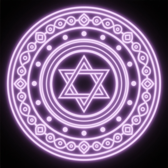 一个中心为大卫之星图案的魔法阵，由多层同心圆构成，外圈环绕着对称的卷曲花纹、圆点和几何星形图案，整体呈现出淡紫色的发光效果，线条细腻流畅，具有神秘而神圣的氛围，背景为纯白色，魔法阵图案清晰可见，散发着柔和的光晕。预览效果