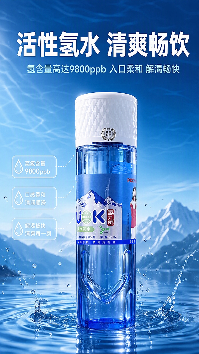 [商品] 使用【图1】禾露堂活性氢水蓝色瓶装；保留瓶身结构、蓝色透明瓶体、白色瓶盖、QUOK氢九零Logo、雪山图案、活性氢含量9800ppb标识、PICC承保标识、瓶身标签文字与图案，不改变商品原貌。
[画面] 目标：头图海报，建立高端活性氢水第一印象，突出高氢含量与清爽体感。构图：上文下图，产品居中偏下，占画面约65%，瓶身正面朝向观众，略微仰视；前景水面涟漪与细碎水珠，中景产品主体，后景淡蓝色渐变水光背景，远处隐约山峦轮廓；≥3层视觉层次。阅读动线：顶部主标题→中部副标题→底部产品。
[视觉] 套系策略：风格=高端饮用水商业摄影，清爽通透水光质感；标题字=现代无衬线粗体，字重厚重；正文字=简洁无衬线体；主色=深海蓝；背景延展=基于深海蓝做深浅渐变、水光光晕和细腻水纹质感，由深蓝到浅蓝自上而下过渡；强调色=冰白色，仅用于小面积水珠高光、图标、引线和标签；标题色=纯白色；正文色=浅冰蓝色；组件=圆角半透明信息卡、细线引线、水滴形图标；光影=左前侧柔光，瓶身通透有高光，底部水面反射，整体冷调清爽。
[文字] 顶部居中主标题「活性氢水 清爽畅饮」，副标题「氢含量高达9800ppb 入口柔和 解渴畅快」；主标题大字号醒目，副标题次之；文字不遮挡瓶身主体标签与Logo；所有文字横排。
[规格] 抖音竖版9:16，分辨率4K，quality=medium；避免变形、错字、文字过小、瓶身颜色改变、标签文字错乱、暖色调背景、医疗功效宣传、绝对化用语。