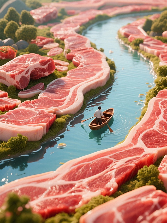 3D微缩艺术风，超现实主义场景，河流两岸布满巨大肉块，人物划船穿行其间，梦幻与趣味交织，视觉冲击力十足。