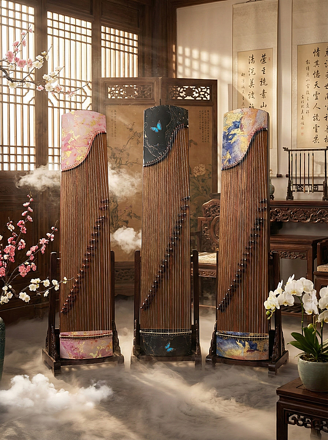 生成了一张适合营销的古筝宣传图。画面中三把古筝置于古色古香的中式场景，背景云雾缭绕，点缀着盛开的梅花与兰花，光线柔和明亮，突出了古筝的精致工艺与艺术美感，整体风格典雅大气。