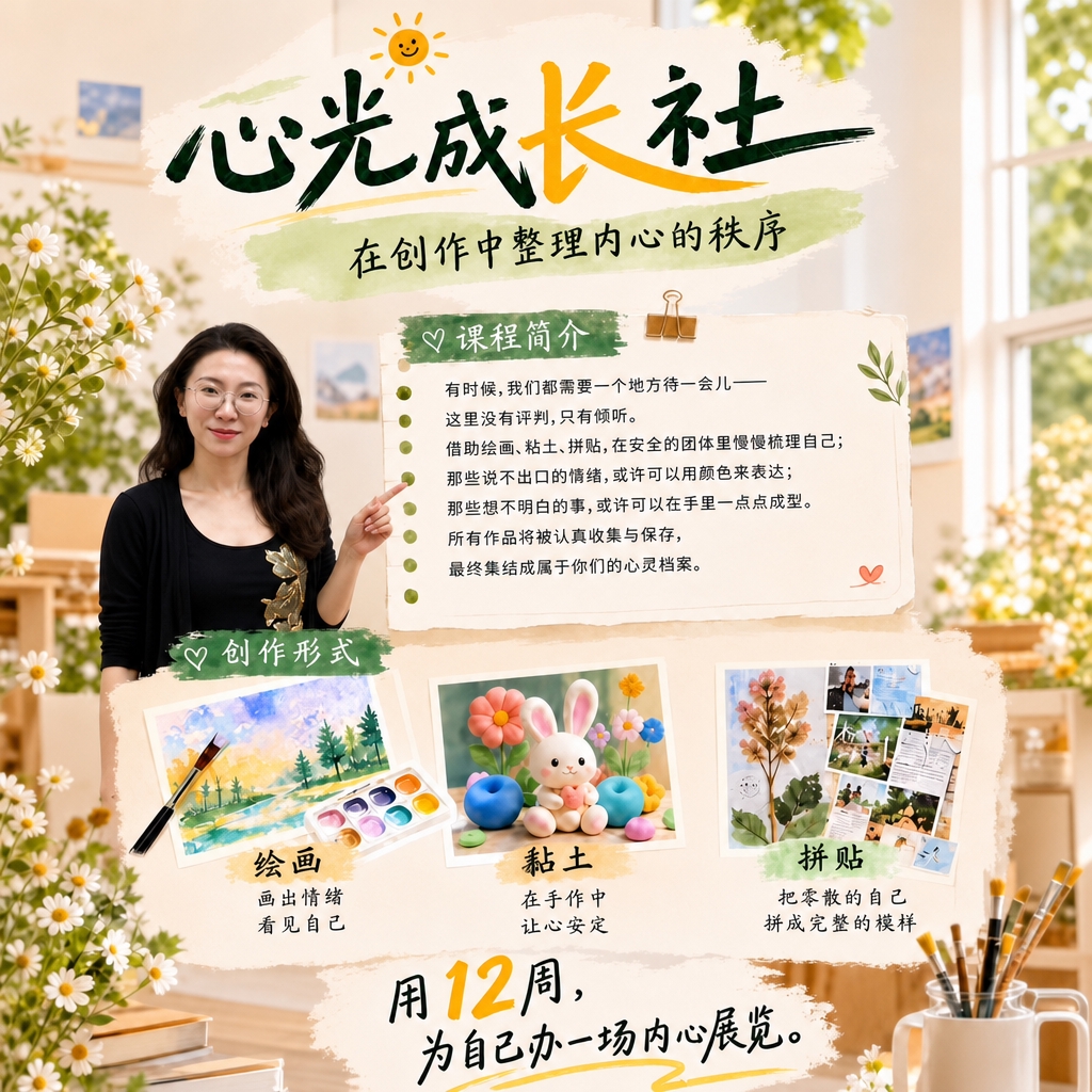 参考图1是一张心光成长社课程海报，参考图2是人物素材图。将海报… - 图片创意预览