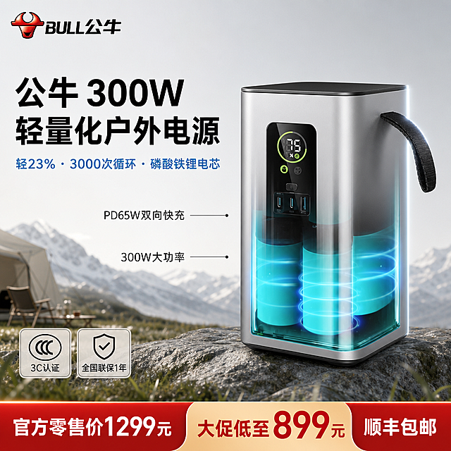 [单张主图] 公牛300W轻量化户外电源，爆款促销感主图，同时展示产品卖点、品牌调性与促销活动信息。
[画面主体] 公牛GNV-Y13青春系列户外电源位于画面右侧1/3处，45°斜放，突出银灰色哑光金属外壳+透明电池仓的自然青蓝色灯光，展示顶部提手与正面数显屏，数字75清晰可见；保持产品外观（物理结构、材质质感、颜色）与输入产品图绝对一致，杜绝任何变形和色差，精细化处理；产品边缘添加轻微高光强化金属质感；商品主体占比严格控制在60%左右。
[构图版式] 左文右品标签参数型，左侧38%区域放文案信息，右侧放置产品主体，底部红金渐变促销条收口。
[场景元素] 背景为浅灰渐变+极简户外露营场景，远景雪山朦胧，近景草地浅虚化，弱化背景突出产品主体，传递轻户外使用场景，无杂乱元素。
[文案版式] 左上角放置公牛品牌LOGO，保持原品牌字形、配色和比例不变；主标题“公牛 300W 轻量化户外电源”为加粗黑色大字，位于左上LOGO下方；副标题“轻23%・3000次循环・磷酸铁锂电芯”为青蓝色小字，紧跟主标题下方；右侧用极简黑色细线条分别标注“PD65W双向快充”“300W大功率”文字标签；左下角放置“3C认证”“全国联保1年”两个圆角小图标；底部添加红金渐变通栏促销条，标注文字“官方零售价1299元 大促低至899元 顺丰包邮”，所有文案均不遮挡产品主体，文字清晰可读，字重层次分明。
[光影质感] 主光从左前方打来，均匀照亮产品左侧与正面，突出银灰色金属外壳的哑光质感；侧逆光在产品右侧轮廓勾勒出高光，增强立体感；透明电池仓的青蓝色灯光自然发散，通透效果真实，光影过渡自然；产品金属外壳的哑光纹理、透明电池仓的通透性、数显屏的数字细节都清晰可见，画面整体8K高清，色彩饱满无噪点，呈现科技感与高级质感。
[配色字体] 主色调浅灰+银白，辅助色青蓝取自产品电池灯光，强调色红金用于底部促销条；主标题使用粗黑无衬线字体，字号最大；副标题字号为主标题的1/2，青蓝色；标注文字和促销文字使用清晰无衬线字体，对比分明。
[比例分辨率] 1:1比例，1K分辨率，文字清晰锐利，画面超高清。
[负向提示词] 变形，水印，文字错乱，产品图模糊，背景杂乱，错字，伪Logo，主体遮挡，低清晰度，错误结构
