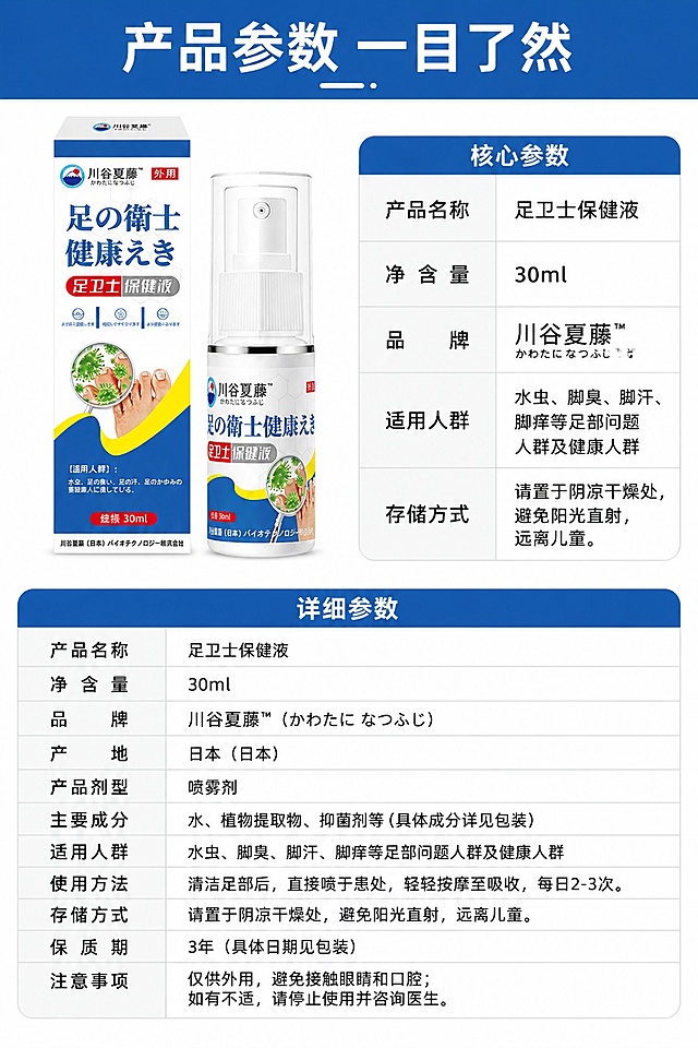 [第7屏] 产品规格参数信息卡，足卫士保健液完整参数展示。本屏使用【图1】作为产品主体。
[氛围/风格] 严谨参数卡风格，清晰规整，符合京东平台参数严谨要求。
[元素布局] 产品图放在画面左上部分，占比约40%；右侧和下半部分为参数信息区域，用表格化方式列出核心参数，信息分区清晰不杂乱。
[光影质感] 均匀柔和打光，产品清晰，参数文字清晰无遮挡。
[配色色系] 全局底色 #F8F9FA，主色蓝色标题栏，文字黑色，分隔线浅灰色，干净规整。
[视角构图] 左产品右信息的左右分栏构图，下半部分补充剩余参数，布局规整。
[文字版式] 顶部标题「产品参数 一目了然」，参数包括：产品名称、净含量、品牌、适用人群、存储方式，文字排列整齐，对齐工整，清晰可读。
[比例分辨率] 9:16 竖版比例，4K分辨率，文字清晰可辨，高清画质。
[负向提示词] 参数错乱，产品变形，文字模糊，水印，虚假参数。