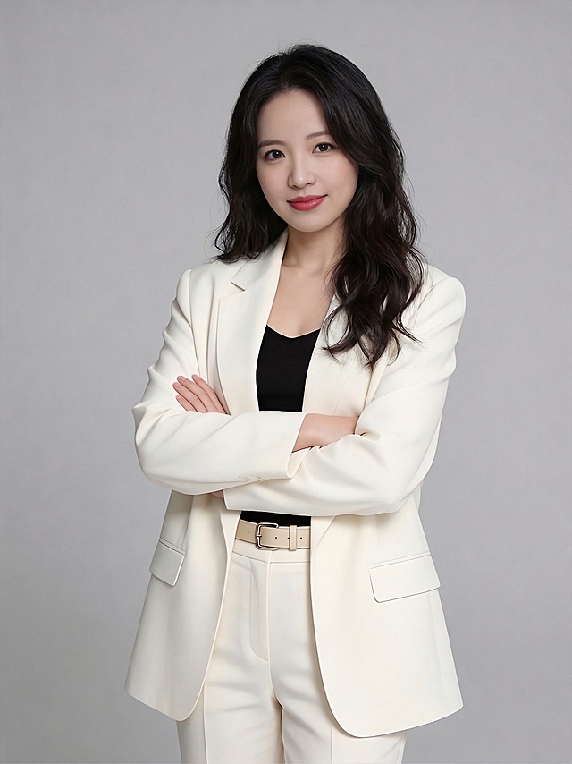 将原发型改为过肩中长发，带有自然微卷造型，保持人物五官、服装和背景不变