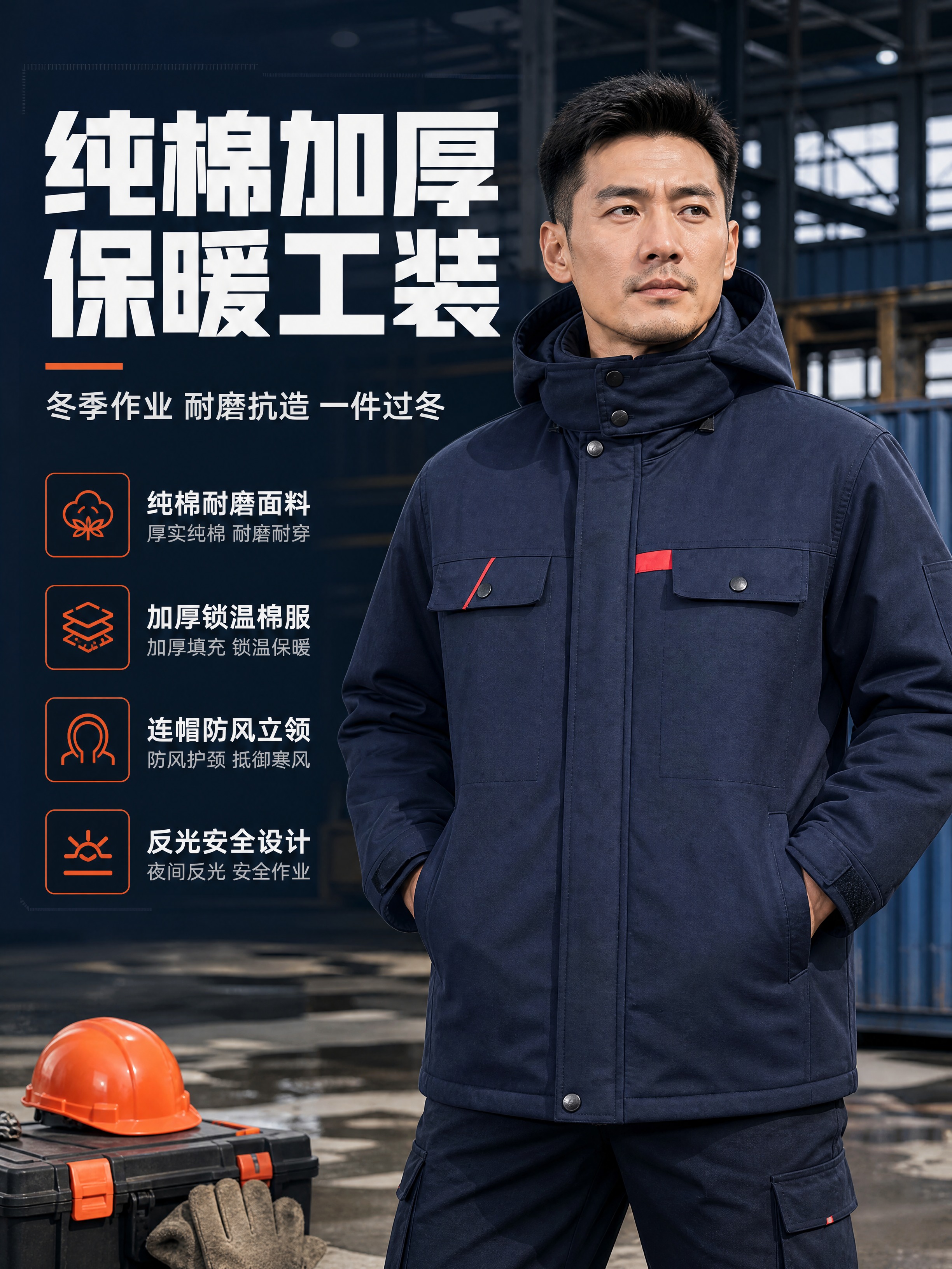 [商品] 使用【图1】藏青色连帽纯棉棉衣工作服；商品处理：保留… - 图片创意预览