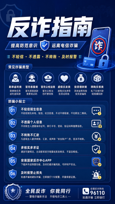 反诈骗宣传海报，深蓝色简约背景整体充实无大面积留白，标题"反诈指南"，下方分点列出常见诈骗防骗小贴士文字，排版整齐内容饱满，背景干净不杂乱预览效果