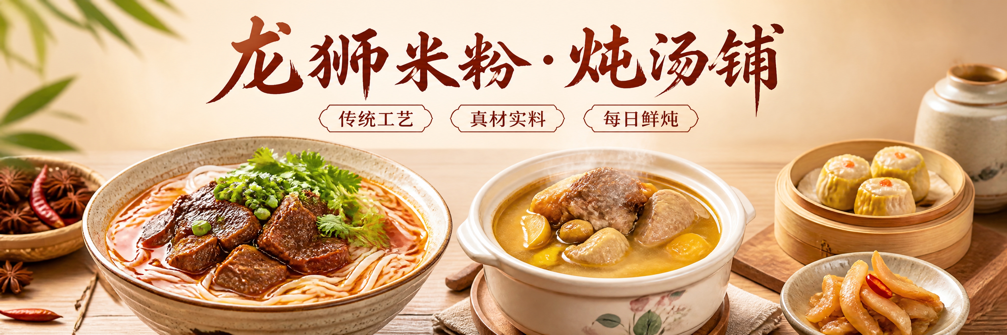 写实商业摄影风格，龙狮米粉·炖汤铺品牌海报，1053x264超… - 图片创意预览