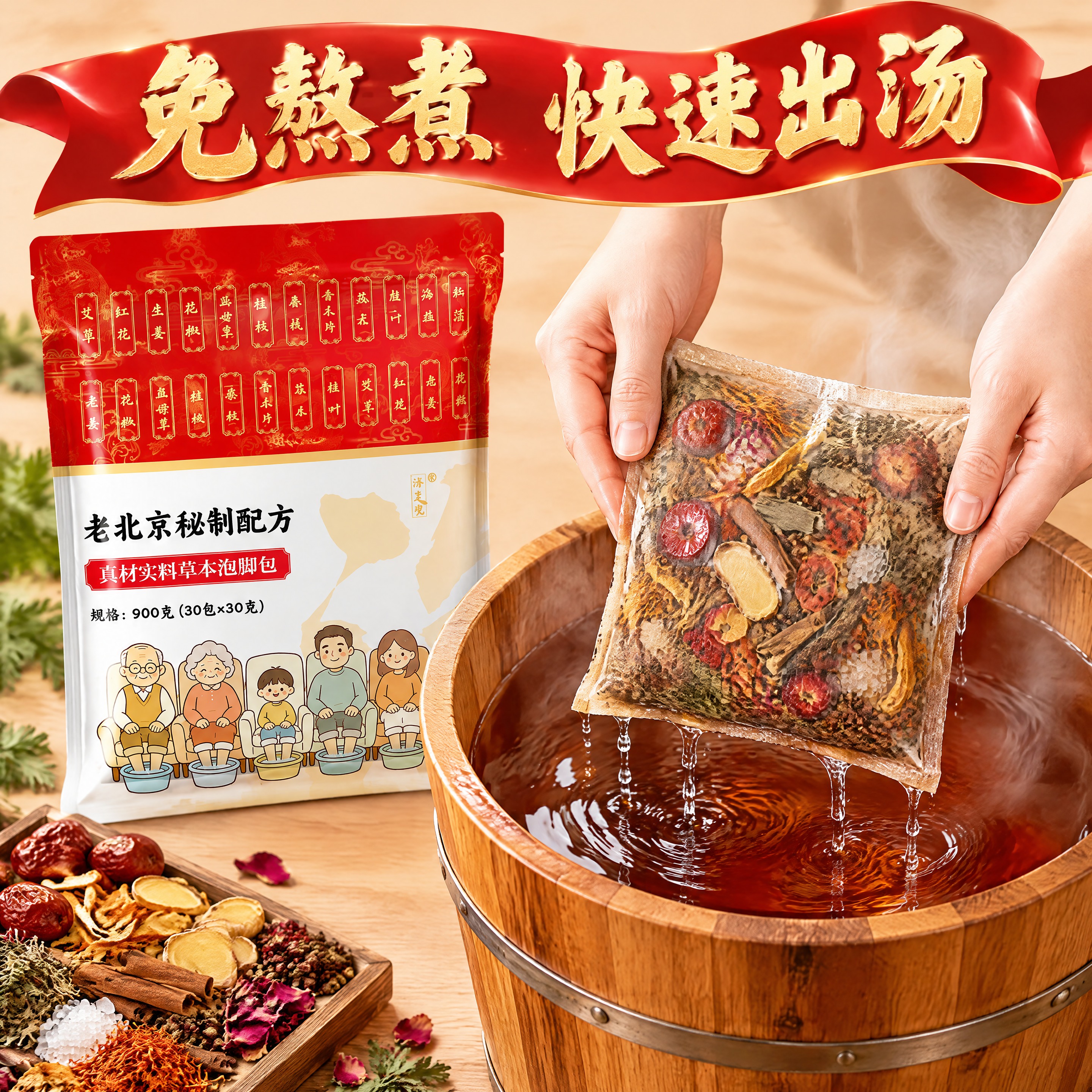 第一张图是我方产品（老北京秘制配方草本泡脚包，红色包装，规格9… - 图片创意预览