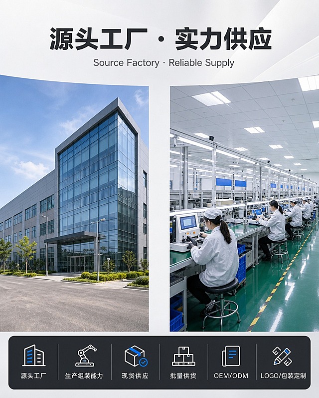 [商品] 本屏为工厂实力展示，无产品主体。左侧为现代工厂大楼外观，右侧为洁净的生产车间内部，均为真实工业摄影风格，建筑结构、设备、环境真实可信，不虚构。
[画面] 第2屏工厂实力背书。左右分栏布局，左侧45%区域放工厂大楼外景照片（现代工业园区建筑，玻璃幕墙+灰色外墙，整洁大气），右侧45%区域放生产车间内景照片（洁净组装流水线，工人操作仪器，防静电地面，明亮专业），中间10%留白分隔。底部横置一条深色信息模块，展示工厂能力标签。
[视觉] 套系策略：风格=高端B2B工业极简商业摄影；标题字=现代无衬线粗体（思源黑体Heavy）；正文字=简洁无衬线体（思源黑体Regular）；主色=白色+浅灰+深灰+金属银；背景延展=基于浅灰做深浅层级渐变、细腻哑光质感空间；强调色=科技蓝（#2563EB），仅用于小面积图标、引线、标签底纹和按钮；标题色=深炭灰（#1F2937）；正文色=中灰（#6B7280）；组件=细线圆角信息卡、细引线、极简图标、方形按钮；光影=自然光+室内工业照明，真实感强。
[文字] 顶部居中主标题「源头工厂 · 实力供应」，副标题英文「Source Factory · Reliable Supply」。底部深色横条模块内分6个小格，每格配极简图标+短文字：「源头工厂」「生产组装能力」「现货供应」「批量供货」「OEM/ODM」「LOGO/包装定制」。文字简洁有力。
[规格] 1440×1800 px竖版，4K分辨率，避免变形、错字、文字过小、虚假数据（如年产XX万台/XX年经验等）、虚构厂房结构、虚构设备、廉价电商风。