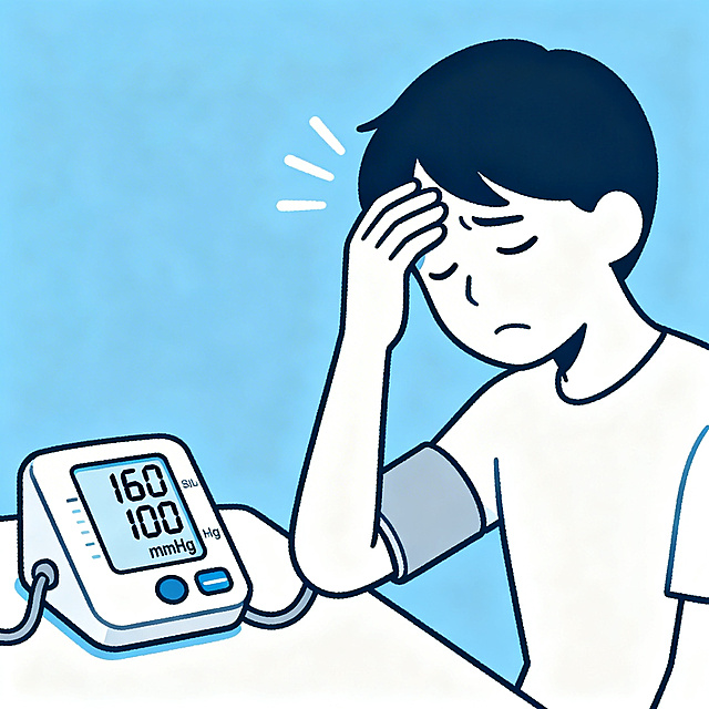 医学科普示意图，展示血压升高症状：血压计显示高血压数值，人物表现出头晕不适，卡通风格简洁明了，符合医学科普规范