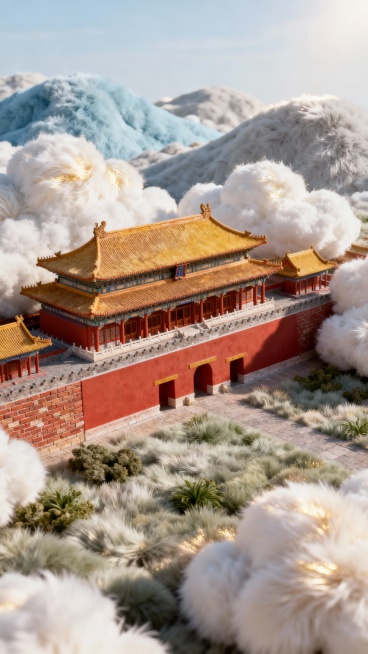 晴空万里冬日的北京故宫，居中构图，色彩柔和，鸟瞰视角的全景预览效果