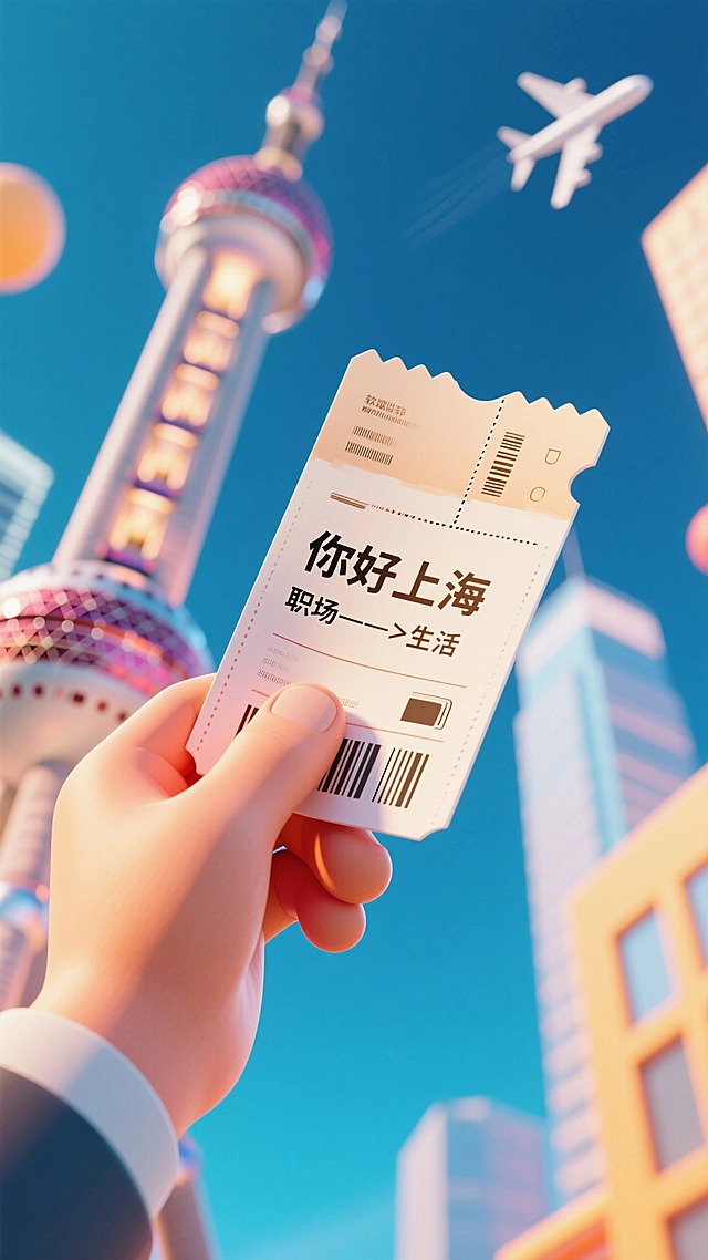 软3D风格，仰视视角，一只手拿着一张巨大的飞机票，机票上写着“你好上海”“职场——>生活”。背景是虚化的东方明珠。背景是虚化的东方明珠。活泼氛围。