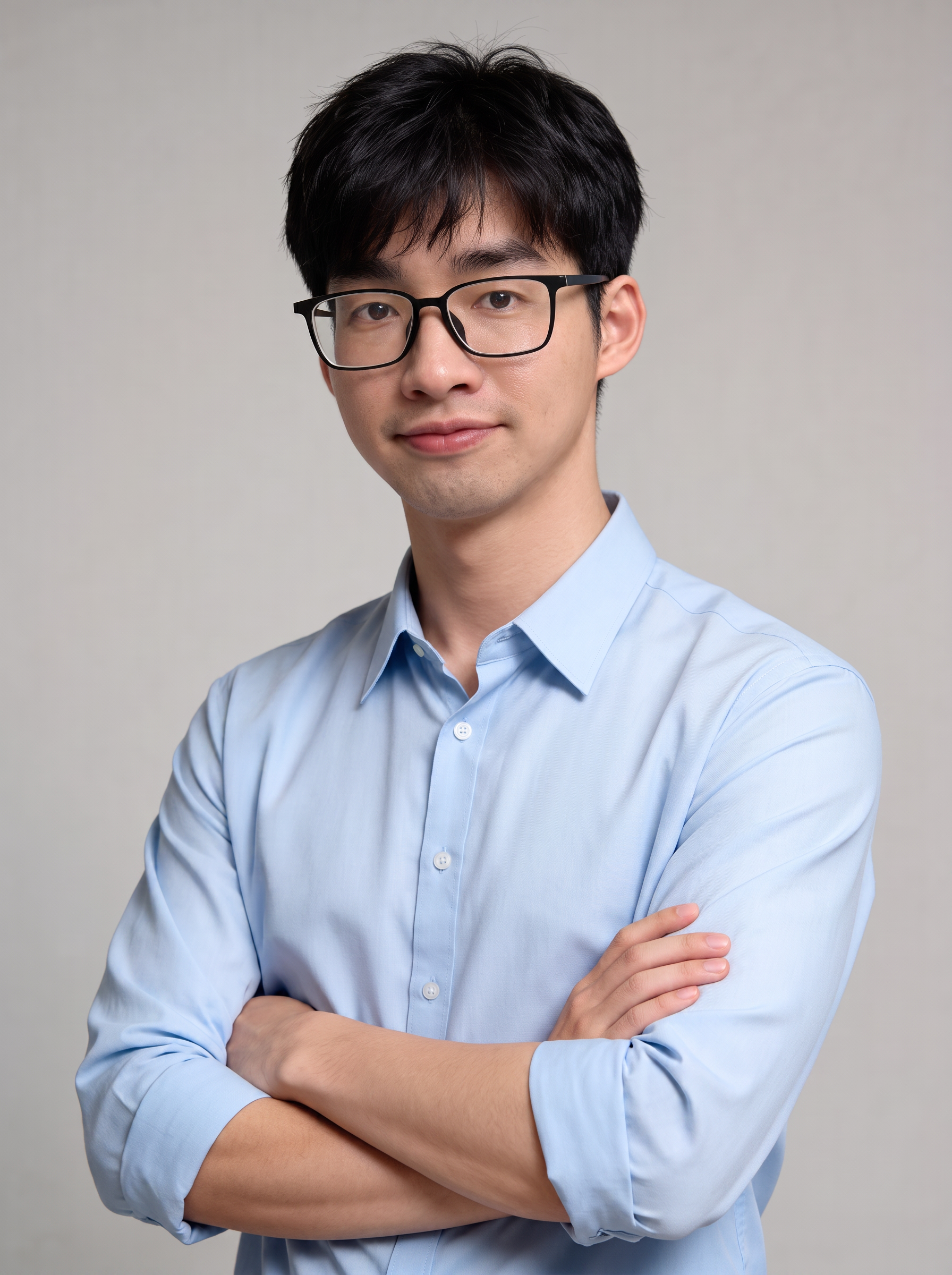 保留人物的五官、发型、眼镜、浅蓝色衬衫、抱胸姿势以及浅灰色背景… - 图片创意预览