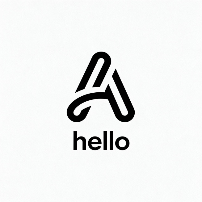 一个极简主义风格的现代LOGO设计，核心图案为经过艺术化变形的字母“A”，其线条流畅、几何感强，结构清晰且具有视觉张力；图案下方搭配简洁无衬线字体“hello”，字形干净利落，与上方图形形成和谐的垂直排版；整体采用纯色背景（如纯白或浅灰），突出主体，营造出干净、专业、现代的视觉氛围；无任何额外装饰、二维码、电话或地址信息，确保视觉焦点完全集中在字母A变体与“hello”文字上，适用于多种商品包……预览效果