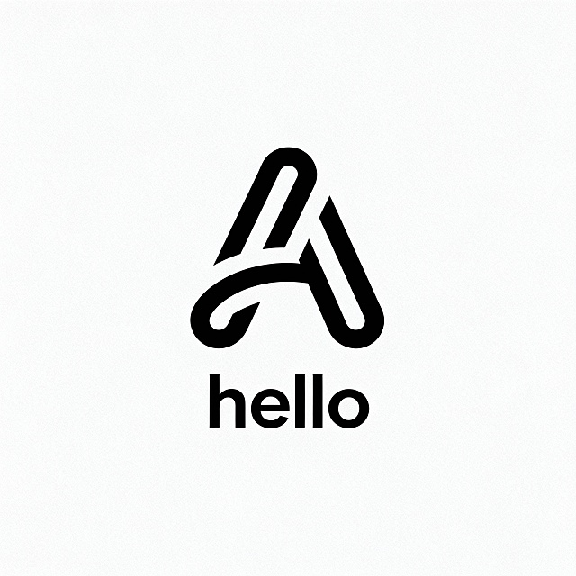 一个极简主义风格的现代LOGO设计，核心图案为经过艺术化变形的字母“A”，其线条流畅、几何感强，结构清晰且具有视觉张力；图案下方搭配简洁无衬线字体“hello”，字形干净利落，与上方图形形成和谐的垂直排版；整体采用纯色背景（如纯白或浅灰），突出主体，营造出干净、专业、现代的视觉氛围；无任何额外装饰、二维码、电话或地址信息，确保视觉焦点完全集中在字母A变体与“hello”文字上，适用于多种商品包装或品牌标识场景。
