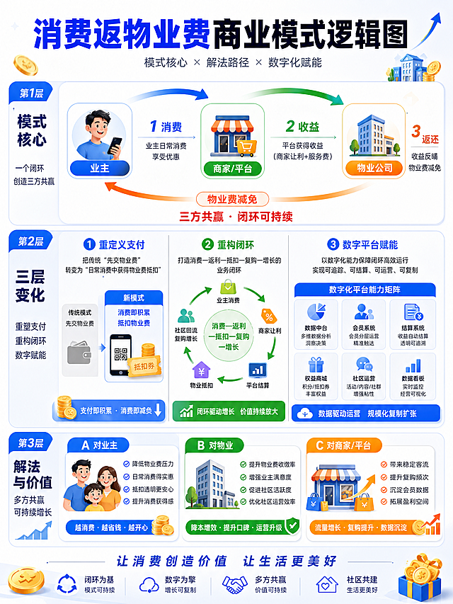 一张消费返物业费商业模式逻辑图，主题展示模式核心和解法三层逻辑，清晰分层呈现重定义支付、重构闭环、数字平台赋能三层变化，排版活泼有趣，比例3:4