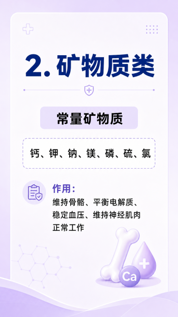 公众号科普贴图，干净浅紫渐变背景，现代简约健康科普风格。
主标题加粗深蓝色："2. 矿物质类"，
二级标题黑色加粗："常量矿物质"，
内容：
钙、钾、钠、镁、磷、硫、氯
作用：维持骨骼、平衡电解质、稳预览效果