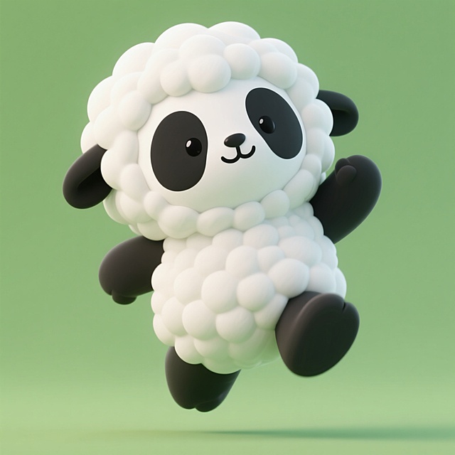 根据这组logo生成一个ip形象与三视图，IP要有苏尼特羔羊的特点熊猫脸要符合牛羊肉的特点