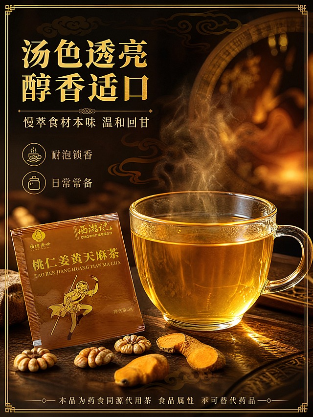 [商品] 使用【图2】茶汤及茶包图；保留透明玻璃杯、暖金色茶汤、棕金色独立小茶包的外观与颜色；茶汤通透质感真实呈现。
[画面] 目标：茶汤口感特写，展现汤色清润醇香适口。构图：质地微距型，画面中心偏右一只透明玻璃杯，杯中盛有七分满暖金色通透茶汤，茶汤表面有微微热气升腾，杯壁有细腻高光反射。杯子左侧斜放1袋桃仁姜黄天麻茶小茶包，周围散落3-5粒桃仁和小片姜黄。产品茶汤主体占画面约55%。背景：深棕色虚化背景，带有金色祥云暗纹和圆形光晕，突出茶汤主体。
[视觉] 套系策略：风格=中式国风商业摄影+国风插画融合；标题字=金色粗宋体（带书法笔锋）；正文字=细宋体/细衬线体；主色=深棕+暖棕+金色；背景延展=基于深棕做金色祥云、山水、回纹等国风元素层级延展；强调色=暖金色，仅用于标题、图标、引线和装饰纹样；标题色=金色；正文色=米白/浅金色；组件=国风边框、祥云纹样、古典分割线、印章式标签；光影=柔和逆光打在茶汤上，展现通透金黄色泽，玻璃杯有高光，茶汤内可见细微茶质，底部有柔和倒影。
[文字] 左上区域主标题："汤色透亮 醇香适口"，主标题下方副标题："慢萃食材本味 温和回甘"，副标题下方2个短句："耐泡锁香""日常常备"。底部统一合规备注："本品为药食同源代用茶 食品属性 不可替代药品"。所有文字横排，放在左侧负空间，不遮挡茶汤主体。
[规格] 图片比例3:4竖版，4K分辨率，避免变形、错字、文字过小、功效宣传、冷蓝背景、茶汤颜色失真、杯子变形。
