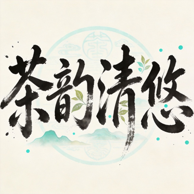干净的米白色背景。平面水墨风格字体设计，主体是四个字“茶韵清悠”，水墨毛笔行书书写，行云流水一气呵成，墨黑色字体带有墨色晕染和飞白枯笔效果，融入简化山水和茶叶图案装饰，浅青色作为点缀。背景带有淡淡的圆预览效果