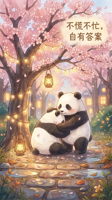 延续参考图的治愈水彩风格，9:16竖版：两只熊猫在樱花树下温柔相拥，一只轻抚另一只背脊，背景有飘落花瓣与暖光灯串，配文案“不慌不忙，自有答案”预览效果