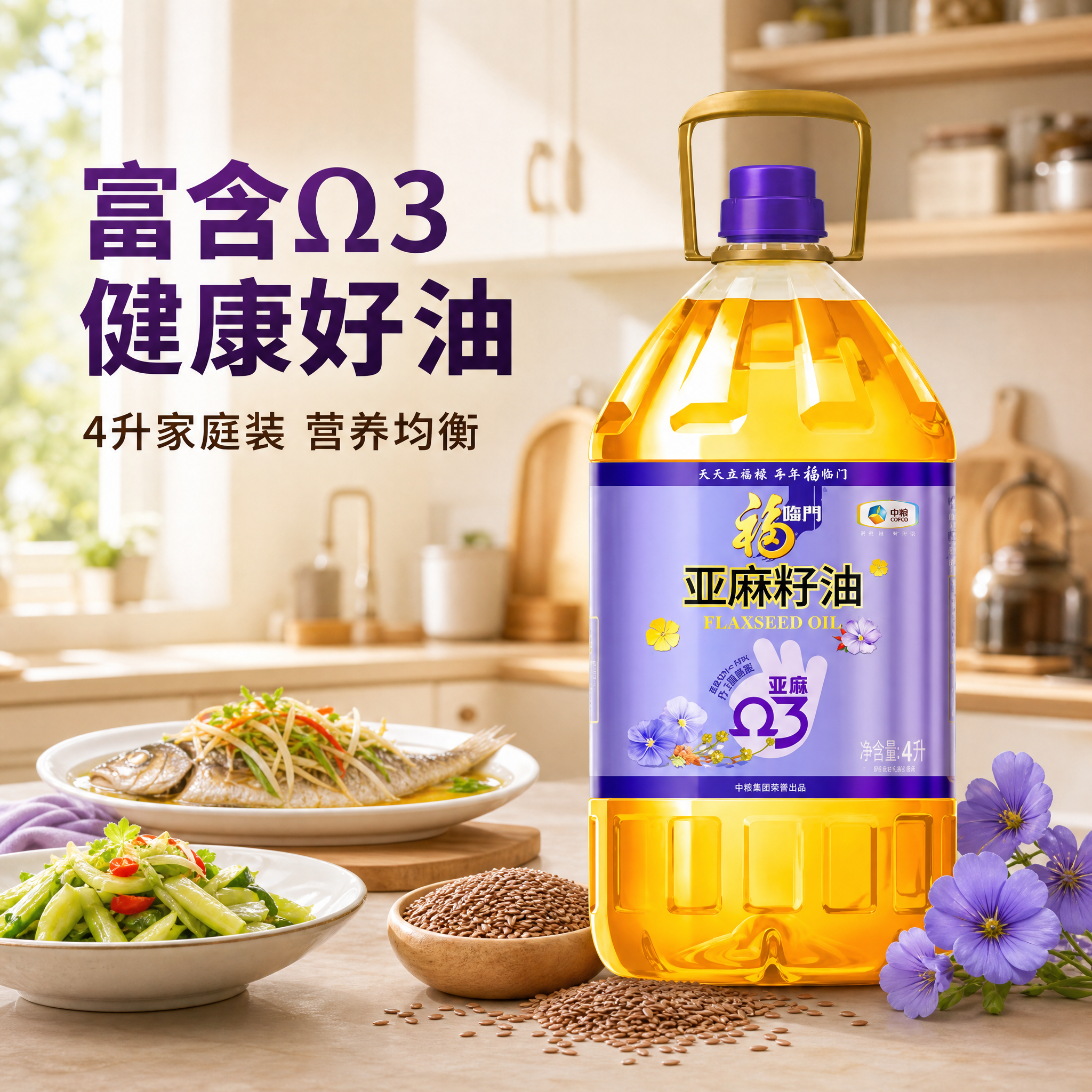 [主图-2] 福临门亚麻籽油 厨房烹饪场景展示，突出食用油品质… - 图片创意预览