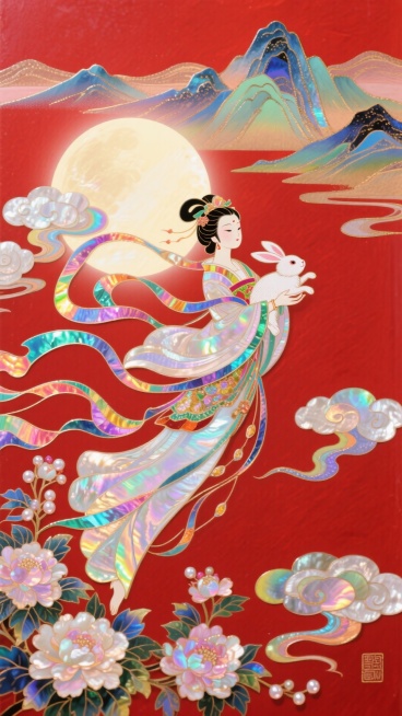 日漫风格，嫦娥怀抱玉兔奔向一轮圆月，衣摆飘逸。周围环绕着祥云和盛开的花朵，背景山脉，红色底色，非常规的动态构图预览效果