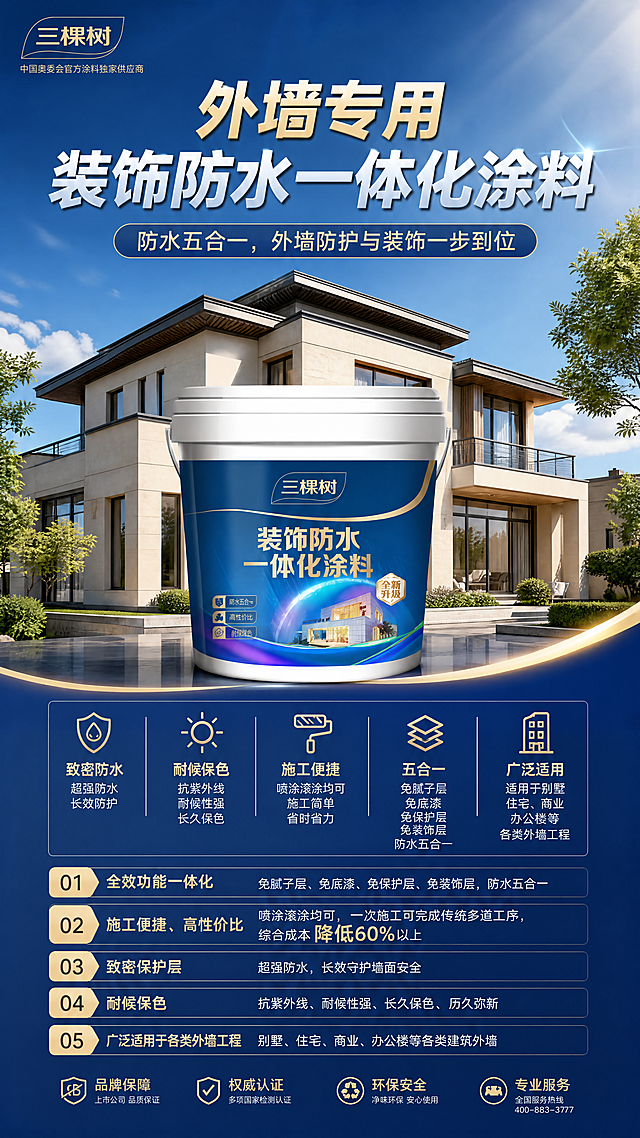 这是一张三棵树装饰防水一体化涂料的场景化应用宣传海报，包含图中的产品，整体宣传文案为：全效功能一体化：免腻子层、免底漆，免保护层、免装饰层，防水五合一；施工便捷、高性价比：喷涂滚涂均可，一次施工可完成传统多道工序，综合成本降低60%以上；致密保护层，超强防水；耐候保色：抗紫外线、耐候性强、长久保色、历久弥新；广泛适用于各类外墙工程。海报背景展示高端现代别墅外墙场景，专业广告海报设计，风格大气专业，蓝色+金色高端配色，产品突出，卖点清晰，主题为"外墙专用装饰防水一体化涂料"
