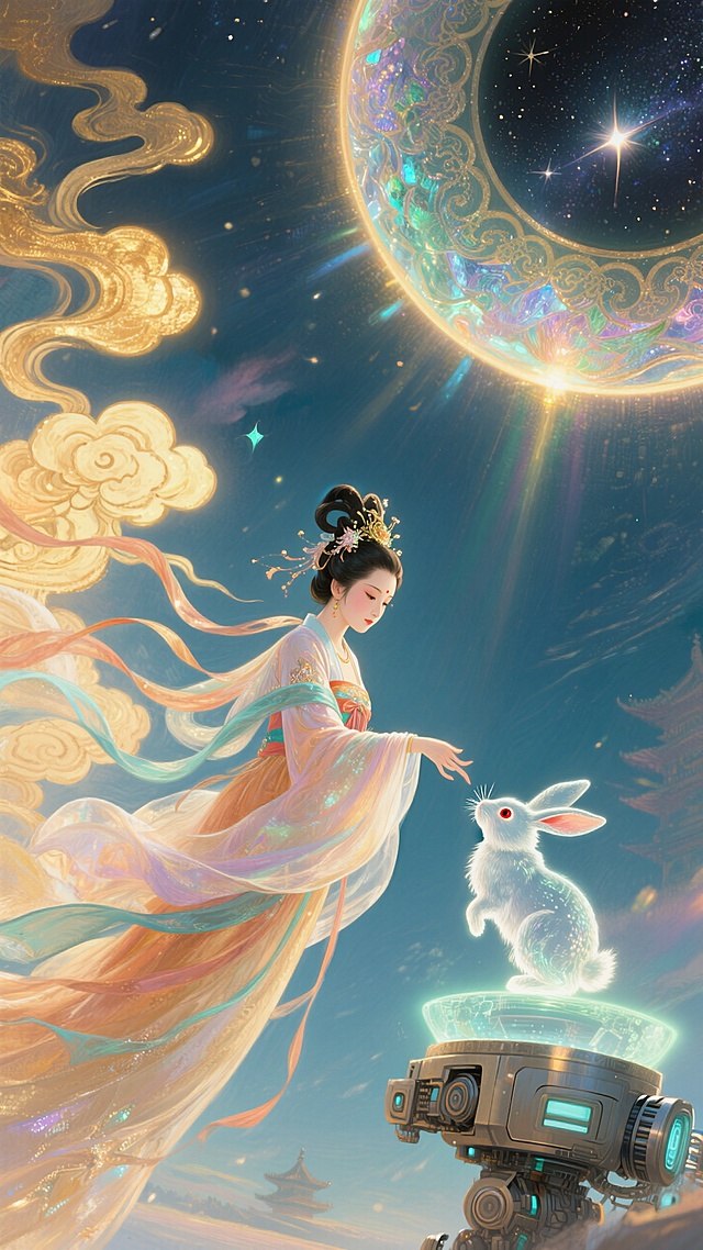 对角线构图，画面左侧嫦娥斜飞在天空（披帛向右飘）向下与全息机器投影的玉兔互动，背景左侧暖金祥云光晕、右侧星河与国风圆形元素，光影从中心向四周扩散。古今对话、跨越时空的奇幻浪漫感。