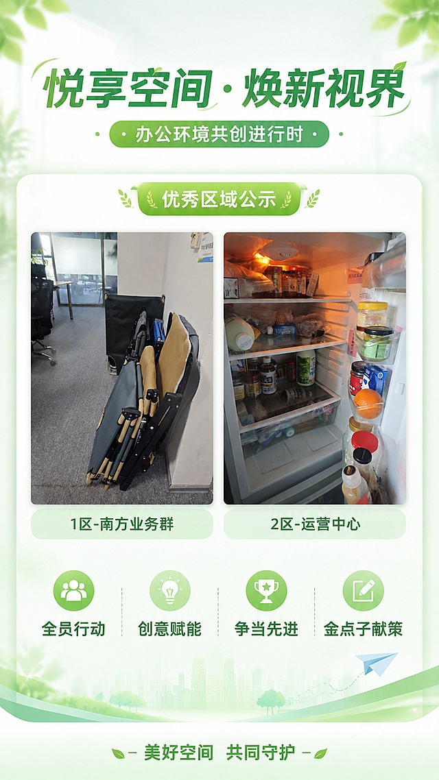 竖版企业活动宣传长图海报，清新简约绿色办公风格，主标题文字"悦享空间·焕新视界"放在顶部，副标题"办公环境共创进行时"放在主标题下方。中部区域分上下两部分，上半部分展示优秀区域公示，下半部分放置两张用户上传图片：第一张图是午休折叠床放置区，图片下方标注文字"1区-南方业务群"；第二张图是办公室公共冰箱，图片下方标注文字"2区-运营中心"，两张图片大小均匀左右排列，保持图片内容完整可见。下半部分放置行动呼吁文案："全员行动 创意赋能 争当先进 金点子献策"，底部文案标注"美好空间 共同守护"。整体风格干净明亮，绿色浅色调，办公氛围，版式精美，文字清晰可读，信息层级分明，四边留足安全边距。