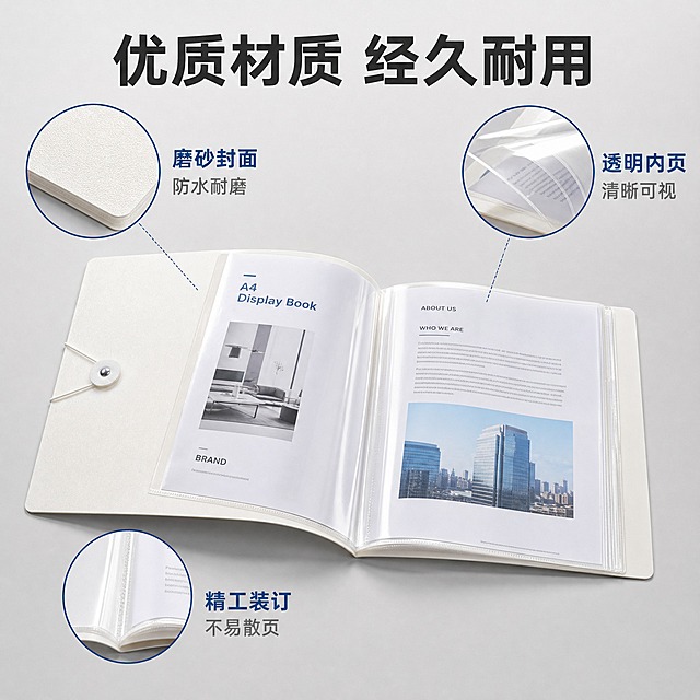 [主图-3] 材质结构与内页细节展示图，突出品质与做工。
[统一基调] 专业商务品质感，背景为浅灰渐变高级质感，主标题字色深灰黑色，辅助字色中灰色，强调色为深蓝色，字体为简洁无衬线粗体，字号层级分明，卡片样式为细线圆角矩形，整体干净利落。
[画面] 画面中央展示打开状态的A4资料册，约45度视角，内页透明插袋清晰可见，展示插入A4纸张的效果，产品占画面约60%。周围分布三个细节放大圆形小窗：左上角展示封面材质磨砂纹理特写，右上角展示内页透明袋厚度与清晰度特写，左下角展示装订侧边做工细节特写。
[光影质感] 商业摄影质感，打开的资料册平放在浅灰色台面上，光线从上方均匀洒下，内页透明袋有轻微反光体现质感，封面磨砂纹理清晰可见。
[配色] 背景浅灰渐变，产品白色封面透明内页，细节小窗用深蓝色细圆边框标注。
[文字版式] 画面顶部大标题"优质材质 经久耐用"，三个细节小窗旁分别标注"磨砂封面 防水耐磨""透明内页 清晰可视""精工装订 不易散页"，文字简洁不遮挡主体。
[输出要求] 比例1:1，文字清晰可读，产品清晰不变形，无错字，无杂乱元素，无水印，无平台Logo。
