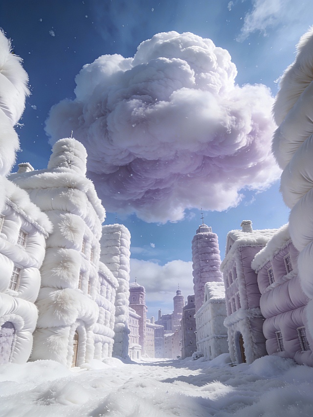 天鹅绒冬城幻境：超现实羽绒建筑群，柔和色调，自然光照，8K分辨率，柔软质感