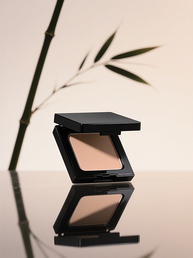 底部镜面倒映着一盒黑壳粉饼的特写，背后是一支长长的竹叶剪影，杏色渐变背景