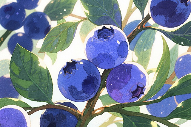 请为我生成几张蓝莓的插画，挂在枝丫上的蓝莓，画风参考日系水彩凤
