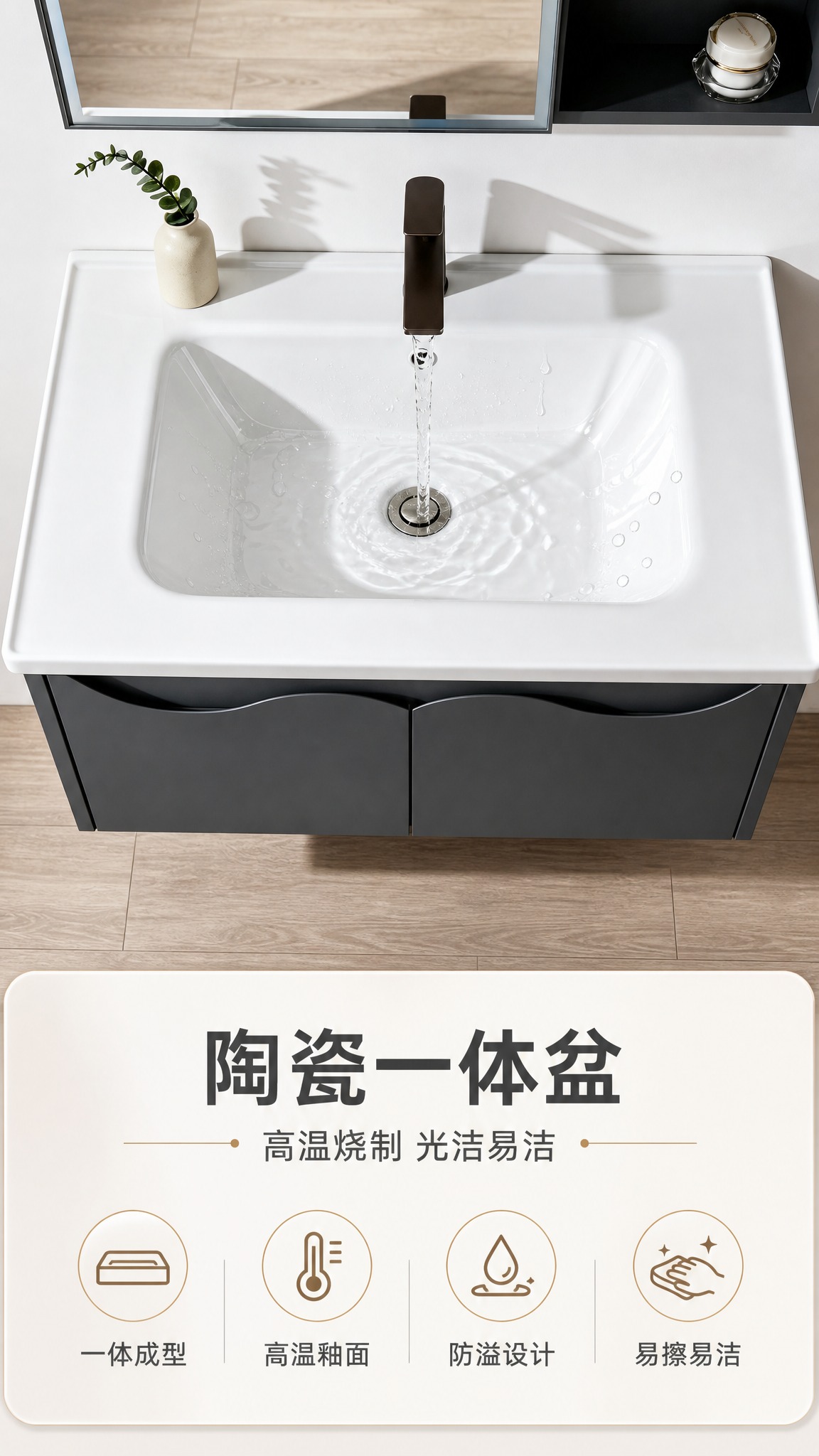 [商品] 使用【图4】深灰色浴室柜陶瓷盆俯视特写；保留陶瓷一体… - 图片创意预览
