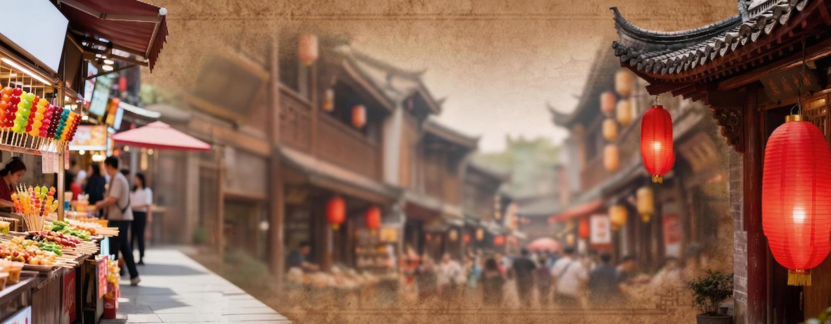 保持所有元素内容不变，调整左侧糖葫芦摊位的透视角度，使其与背景虚化商街的整体透视统一，自然融合预览效果