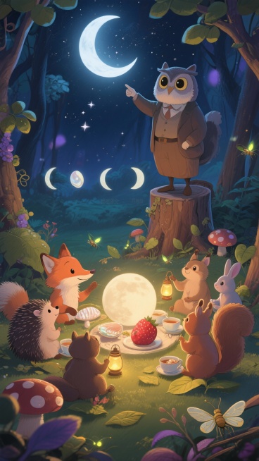 虫眼仰视视角，温暖绘本插画风格，融合碧翠克斯·波特（彼得兔作者）的自然细节与宫崎骏的奇幻氛围：夜晚魔法森林空地，小狐狸举办的“月相茶会” - 用露珠（新月）、半片珍珠母贝壳（上弦月）、圆蘑菇（满月）、预览效果