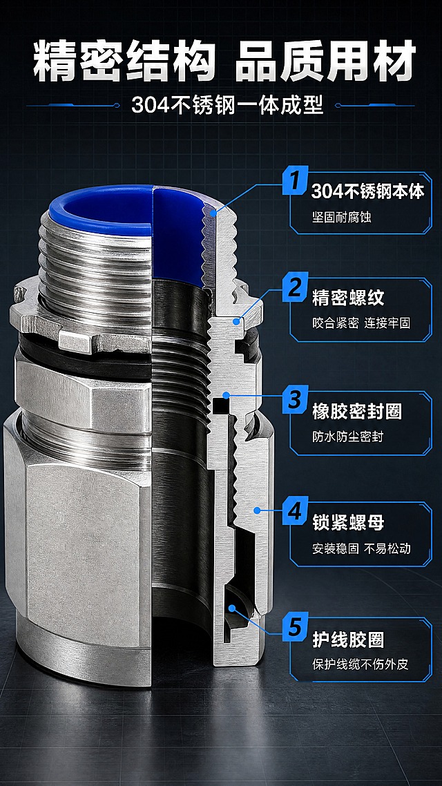 [商品] 使用【图1】DPJ外丝款接头（左上款）做主体放大展示，保留六角底座、外螺纹、蓝色内圈、锁紧螺母、密封胶圈等全部结构特征；做半剖面效果展示内部结构，不改变外部轮廓比例。
[画面] 目标：结构材质解析页。左侧约50%为接头半剖视放大图，展示内部螺纹、密封胶圈、锁紧结构等层次；右侧约50%为结构说明区，用引线标注各部件名称与作用；整体为金属结构型版式，突出工艺与材质细节。
[视觉] 套系策略：风格=工业五金专业商业摄影风；标题字=粗黑无衬线工业字体；正文字=简洁无衬线体；主色=金属银灰+深灰；背景延展=深灰渐变底，带细微网格纹理；强调色=科技蓝，仅用于引线、标注标签、重点高亮；标题色=纯白/亮银；正文色=浅灰；组件=工业风直角标注框、细实线引线、箭头指示；光影=冷调侧光，突出剖面层次与金属质感。
[文字] 顶部主标题「精密结构 品质用材」，副标题「304不锈钢一体成型」；右侧标注5个结构点：1. 304不锈钢本体（坚固耐腐蚀）2. 精密螺纹（咬合紧密 连接牢固）3. 橡胶密封圈（防水防尘密封）4. 锁紧螺母（安装稳固 不易松动）5. 护线胶圈（保护线缆不伤外皮）；所有文字横排。
[规格] 图片比例9:16竖版，4K分辨率，负向提示：避免变形、错字、文字过小、产品结构改变、暖色调、卡通风格、模糊、极限词、平台Logo水印。