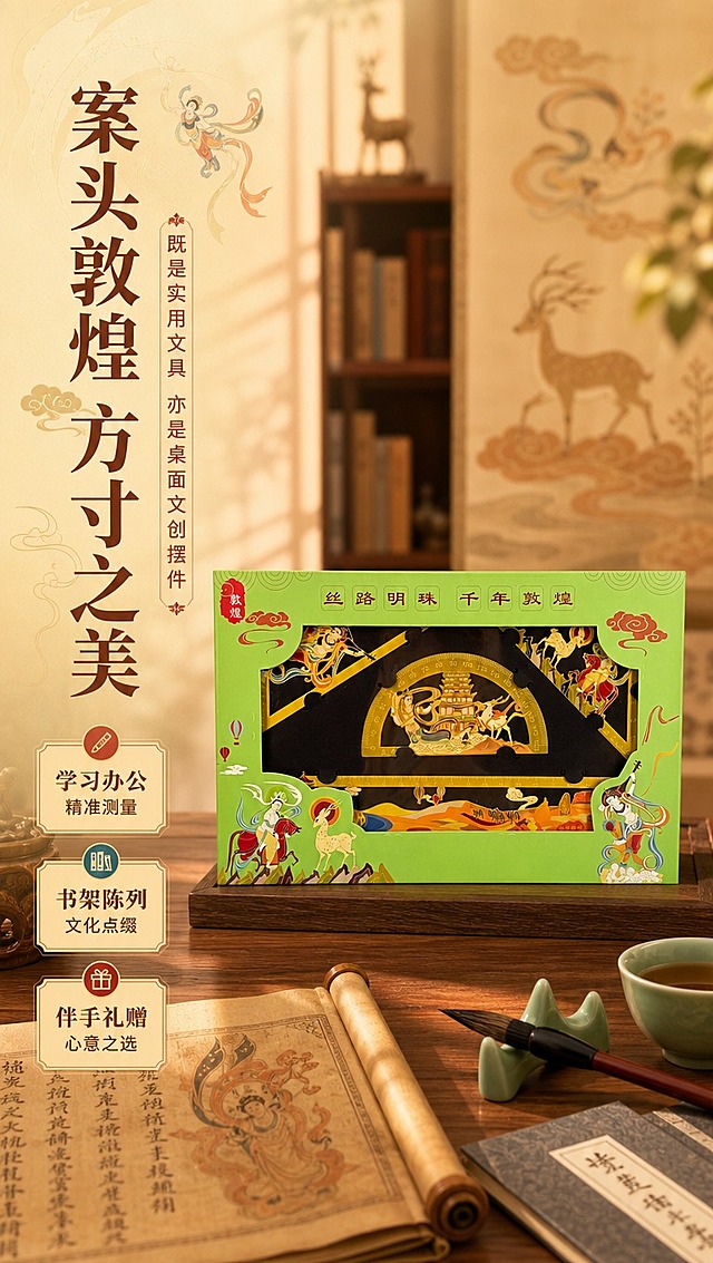 [商品] 使用【图8】绿色款敦煌金属套尺礼盒；保留礼盒绿色外观、开窗设计、飞天/九色鹿插画、「丝路明珠 千年敦煌」文字、产品内部黑色衬垫与金色尺具；商品处理：增强礼盒印刷色彩饱和度，去除盒面轻微灰尘，保持包装结构与文字原貌。
[画面] 目标：场景种草，展示套尺在书房/书桌场景中的文创陈列感。构图：左文右图，礼盒放置于木质书桌上，产品占画面55%；前景有古籍书卷、毛笔、青瓷茶杯等文房道具，中景礼盒主体，背景虚化书架与宣纸挂画；营造雅致国风书房氛围。
[视觉] 套系策略：风格=国潮敦煌风商业摄影+文创插画融合；标题字=国风宋体粗体（带衬线、厚重）；正文字=现代无衬线中黑体；主色=敦煌土金色+赭石暖棕；背景延展=基于敦煌壁画色系做渐变晕染、肌理纸张质感、祥云/飘带/九色鹿剪影装饰；强调色=石青蓝+朱砂红，仅用于小面积图标、引线、标签和装饰纹样；标题色=深赭石棕；正文色=暖棕灰；组件=圆角金边信息卡、敦煌纹样分割线、云纹图标；光影=左前侧暖金色柔光，礼盒开窗处有自然透光感。
[文字] 左侧竖排区域主标题「案头敦煌 方寸之美」，副标题「既是实用文具 亦是桌面文创摆件」；配3个场景卖点：「学习办公 精准测量」「书架陈列 文化点缀」「伴手礼赠 心意之选」；文字区不遮挡礼盒开窗与产品。
[规格] 图片比例9:16竖版，4K分辨率，负向提示：避免变形、错字、文字过小、冷蓝灰背景、礼盒颜色改变、结构失真、塑料质感、模糊、水印、二维码。