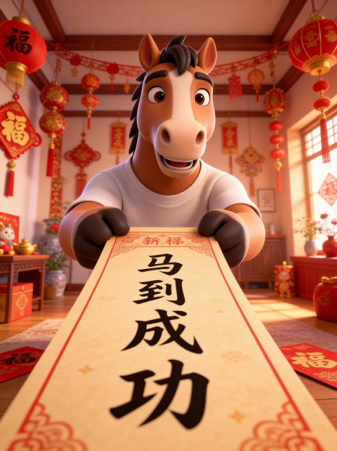 参考以上超大透视的人物场景，生成一张类似的马年主题的大透视马人物形象场景预览效果